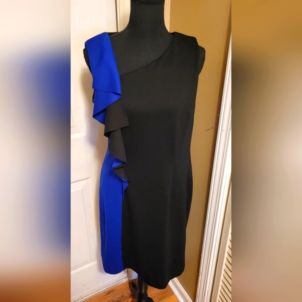 Spense Block Color Black and Blue Ruffle Dress, Size Medium